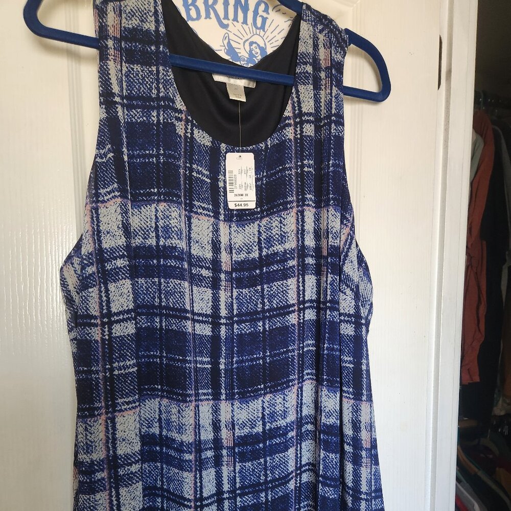 NWT CJ Banks Flowy Blue Plaid Sleeveless Top Plus Size 24/26